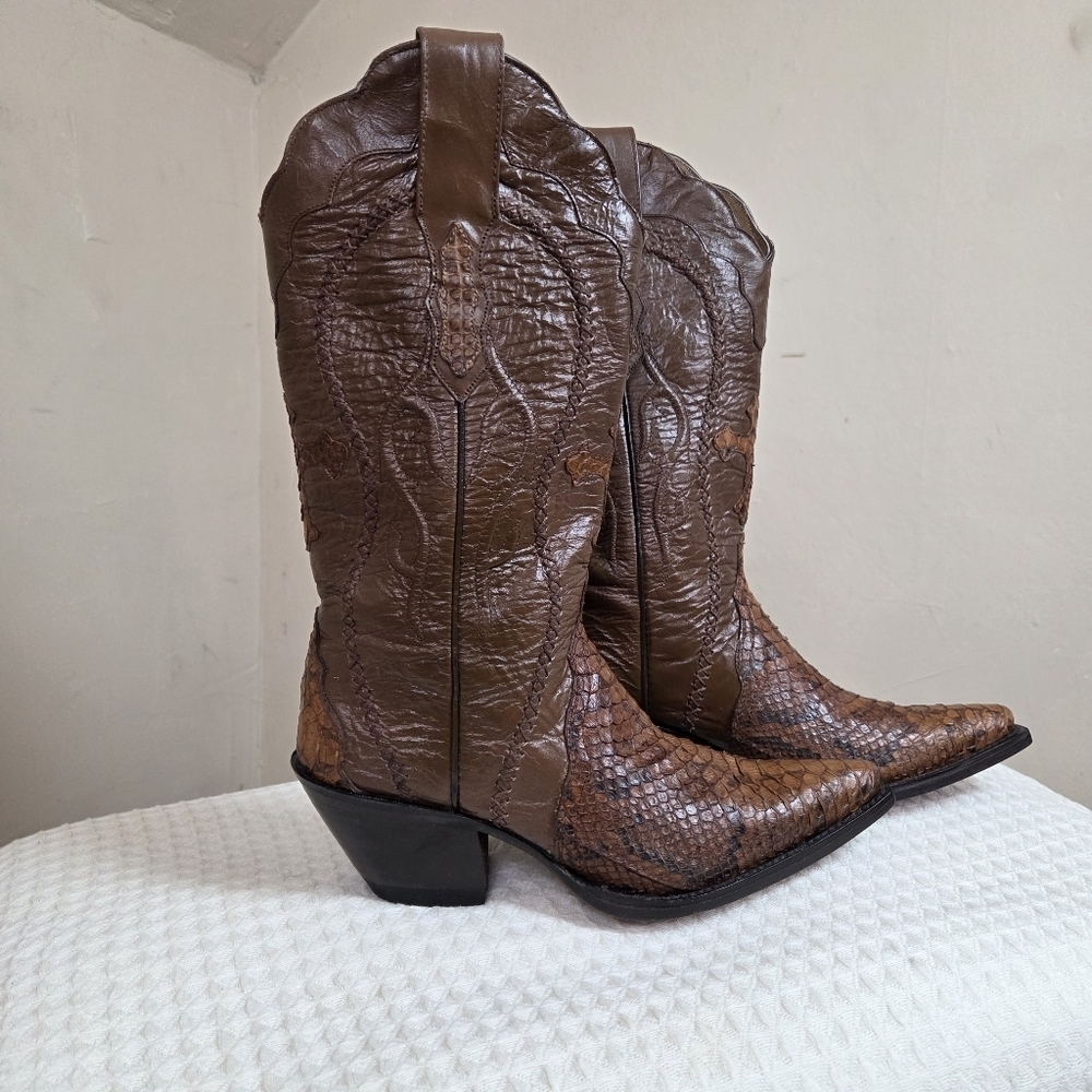 Authentic Snake Skin Western Cowboy Boots Brown Leather Handmade Mexico Size 7